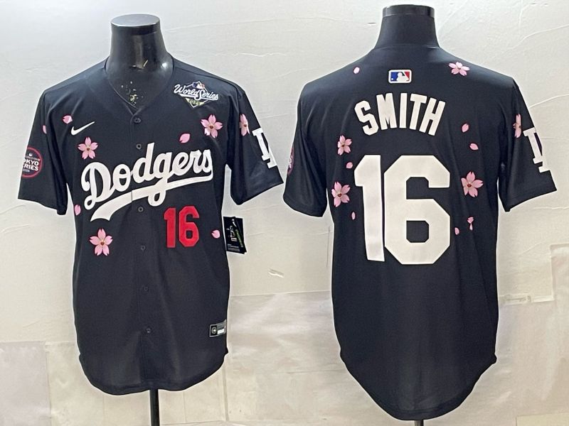 Men Los Angeles Dodgers #16 Smith Black Sakura Edition 2025 Nike MLB Jersey style 6